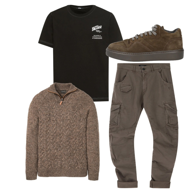 Outfit uomo - City. Stile Casual per Tutti i giorni. Abbinamento con maglieria, sneakers, pantaloni cargo, t-shirt.