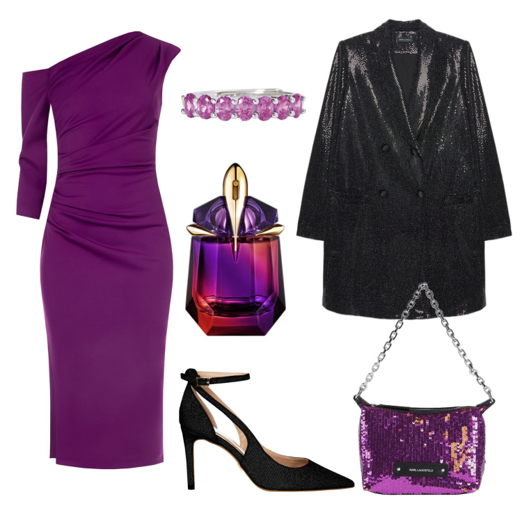 Outfit donna - L\'abito viola a una spalla. Stile Glamour per Cerimonia. Abbinamento con borse a mano, profumi, anelli, vestiti asimmetrici, décolleté, blazer.