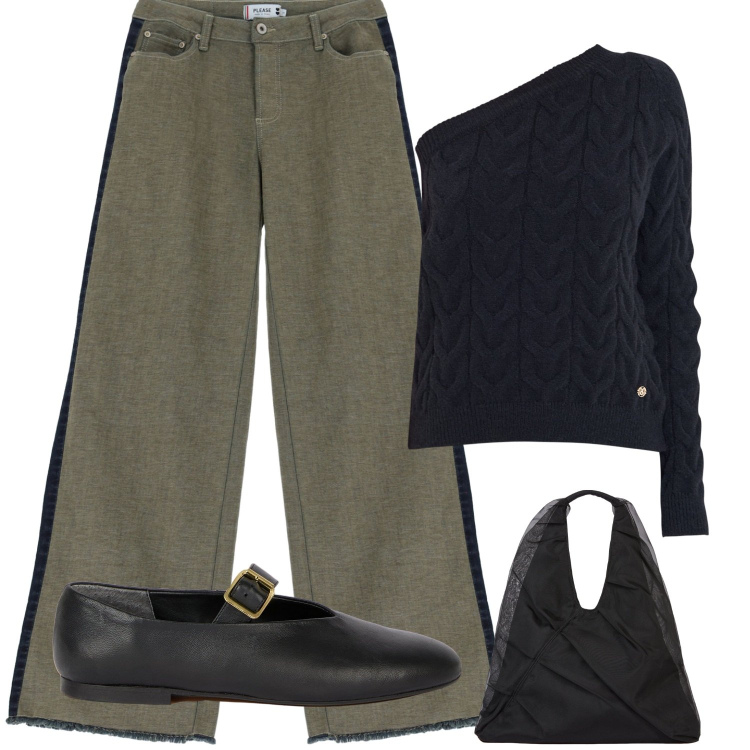 Outfit donna - Mono spalla asimmetrico di Rinascimento. Stile Casual chic per Serata fuori. Abbinamento con maglieria, jeans a zampa, shopping bag, ballerine.
