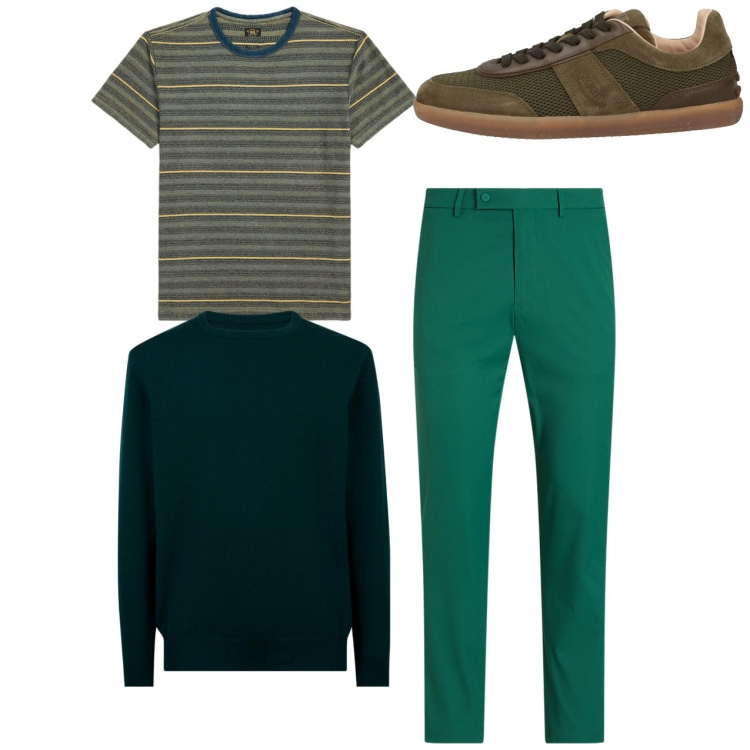 Outfit uomo - Green city. Stile Casual per Tutti i giorni. Abbinamento con sneakers, pantaloni, t-shirt, maglieria.