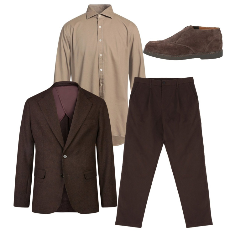 Outfit uomo - Elegant city. Stile Trendy per Serata speciale. Abbinamento con camicie, stivali e stivaletti, pantaloni chino, giacche.