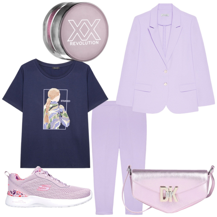 Outfit donna - Lillami. Stile Sporty chic per Ufficio. Abbinamento con borse a tracolla, ombretti, pantaloni, sneakers, blazer, t-shirt.