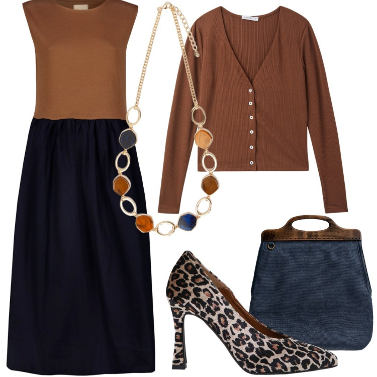 Outfit donna - A lavoro. Stile Urban per Ufficio. Abbinamento con cardigans, décolleté, borse a tracolla, vestiti midi/longuette, collane.