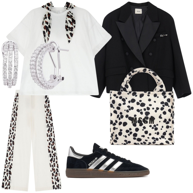 Outfit donna - In bianco e nero. per Tutti i giorni. Abbinamento con orecchini, pantaloni a palazzo, t-shirt, blazer, sneakers, shopping bag.