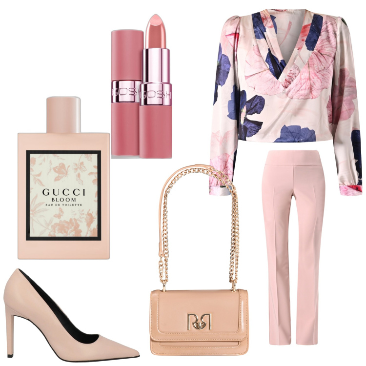 Outfit donna - Cerimonia pastello. Stile Chic per Cerimonia. Abbinamento con décolleté, profumi, rossetti, pantaloni, bluse, borse a tracolla.