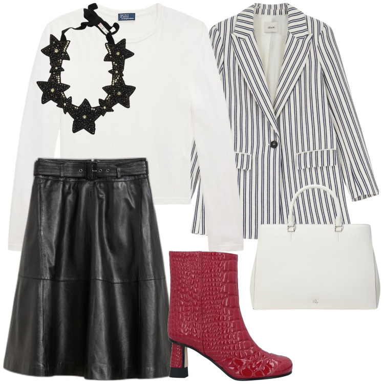 Outfit donna - Con gli stivaletti rossi. per Ufficio. Abbinamento con gonne, collane, stivaletti, blazer, t-shirt, borse a mano.