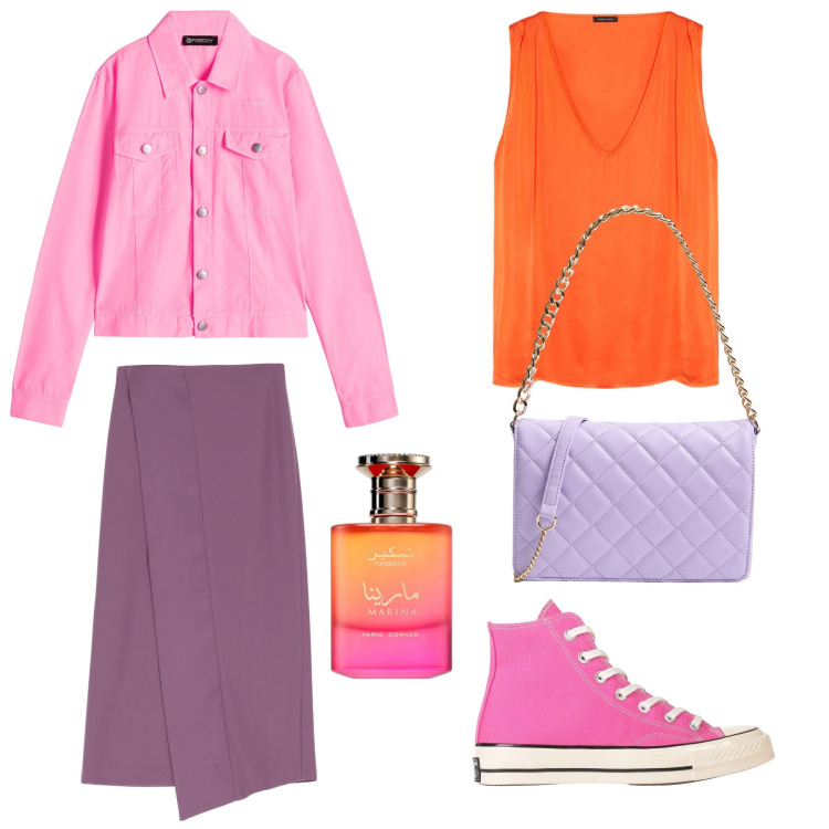 Outfit donna - Contrasti accesi. Stile Casual per Tutti i giorni. Abbinamento con sneakers alte, profumi, borse a tracolla, gonne longuette, blazer, top.