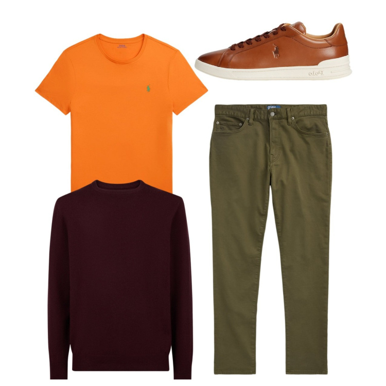 Outfit uomo - City. Stile Casual per Tutti i giorni. Abbinamento con t-shirt, sneakers, pantaloni chino, maglieria.