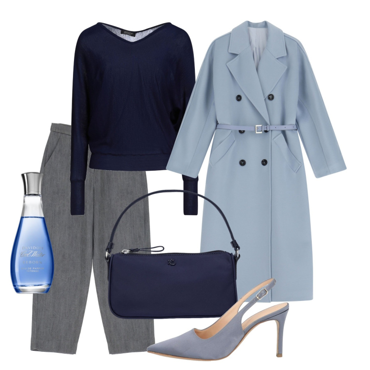 Outfit donna - Polvere. Stile Bon Ton per Tutti i giorni. Abbinamento con décolleté, pullovers, profumi, cappotti, pochette, pantaloni chino.