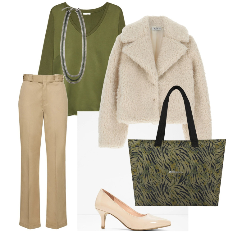 Outfit donna - Si esce. per Tutti i giorni. Abbinamento con décolleté, blazer, shopping bag, pantaloni, collane, t-shirt.