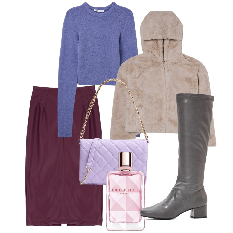 Outfit donna - Febbraio. Stile Bon Ton per Tutti i giorni. Abbinamento con stivali, profumi, maglieria, blazer, borse a tracolla, gonne.