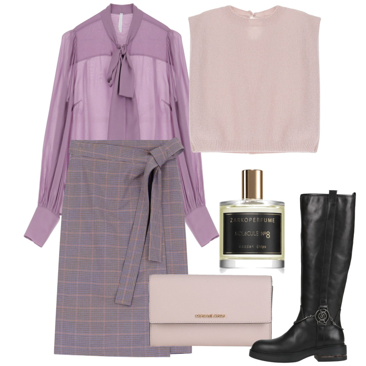 Outfit donna - Mauve. Stile Bon Ton per Tutti i giorni. Abbinamento con stivali, borse a mano, profumi, camicie, gonne longuette, maglieria.