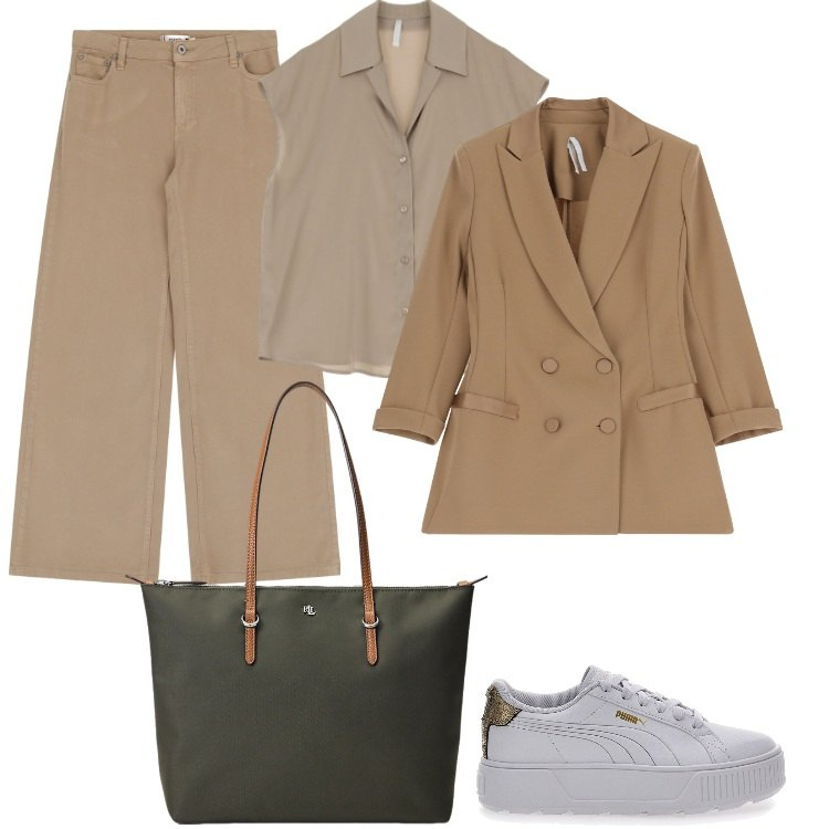 Outfit donna - Colori Pastello. Stile Casual chic per Ufficio. Abbinamento con pantaloni, blazer, camicie a manica corta, borse tote, sneakers.