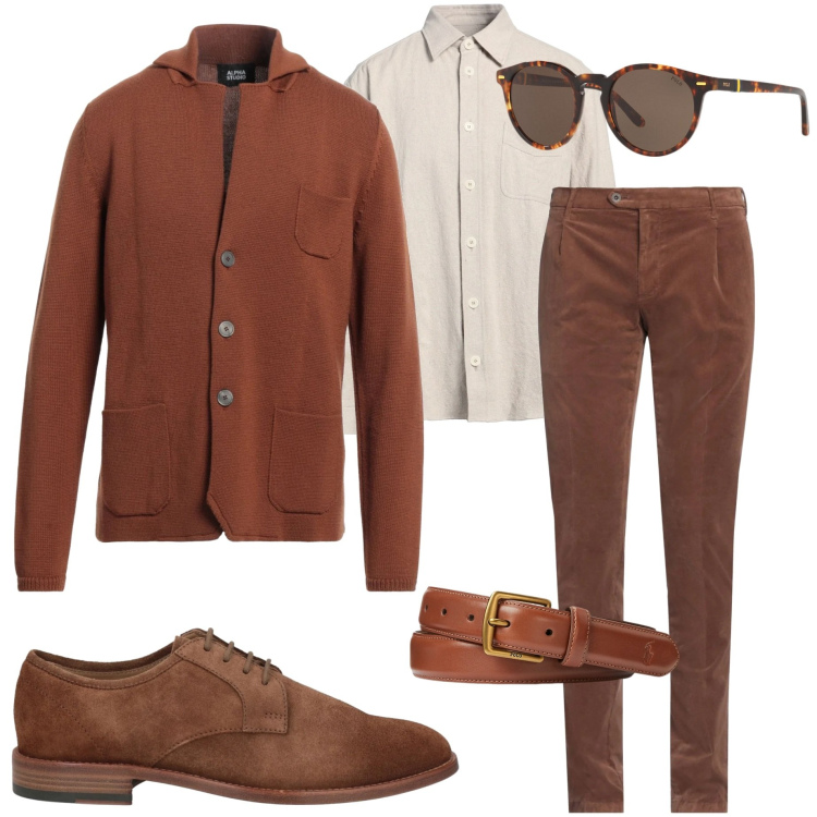 Outfit uomo - Accessori che contano. Stile Business/Elegante per Ufficio. Abbinamento con cardigans, scarpe stringate, pantaloni, camicie, cinture, occhiali da sole.