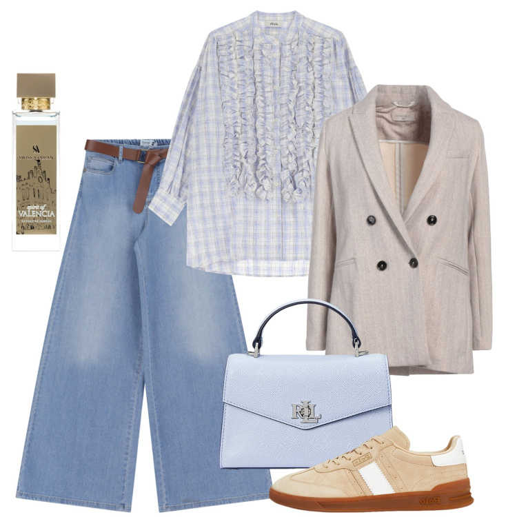Outfit donna - Virata in chiaro. Stile Bon Ton per Tutti i giorni. Abbinamento con blazer, profumi, jeans, camicie, borse a mano, sneakers.