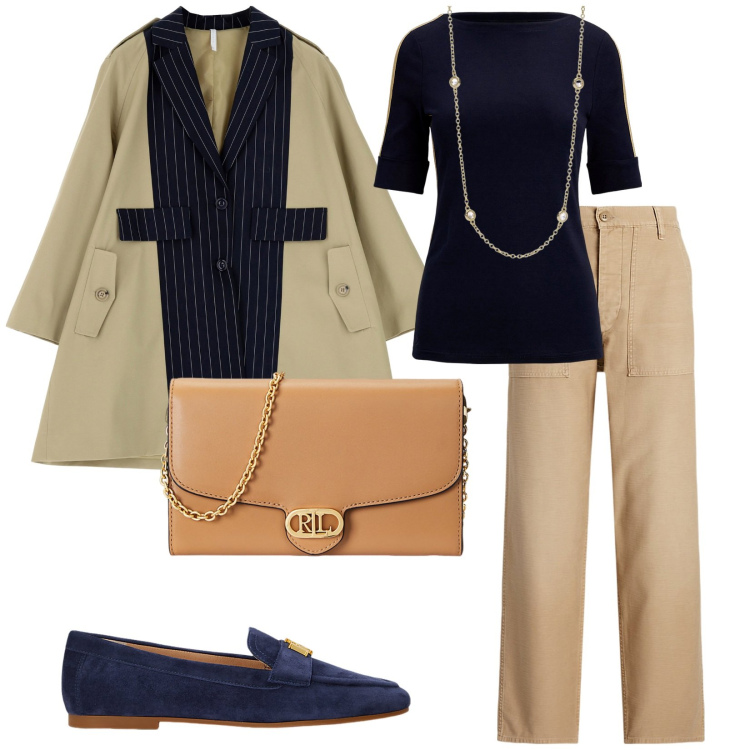 Outfit donna - Riunione a scuola. per Scuola/Università. Abbinamento con collane, blazer, mocassini, pantaloni, borse a tracolla, t-shirt.