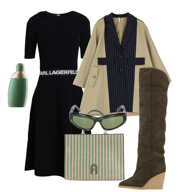 Outfit donna - Febbraio. Stile Chic per Tutti i giorni. Abbinamento con vestiti midi/longuette, borse a mano, stivali sopra il ginocchio, profumi, blazer, occhiali da sole.