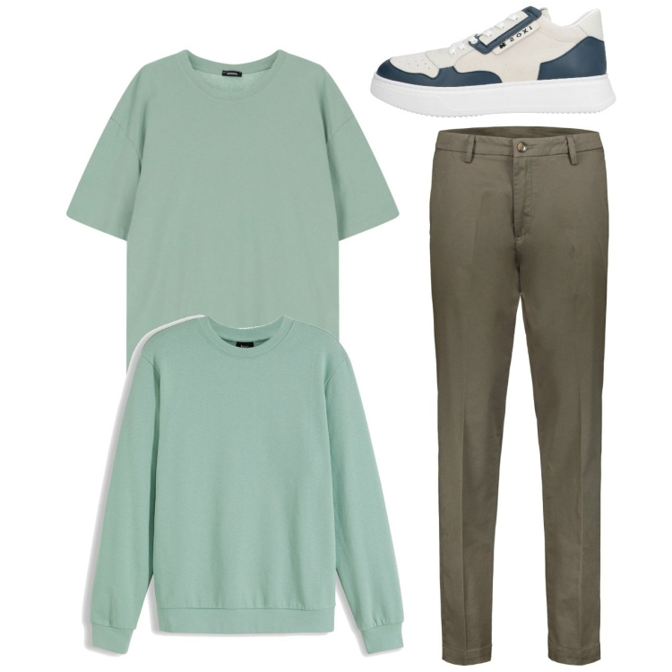 Outfit uomo - City. Stile Casual per Tutti i giorni. Abbinamento con felpe, sneakers, t-shirt, pantaloni chino.