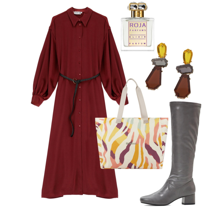 Outfit donna - Chemisier. Stile Bon Ton per Ufficio. Abbinamento con stivali, profumi, vestiti lunghi, shopping bag, orecchini.
