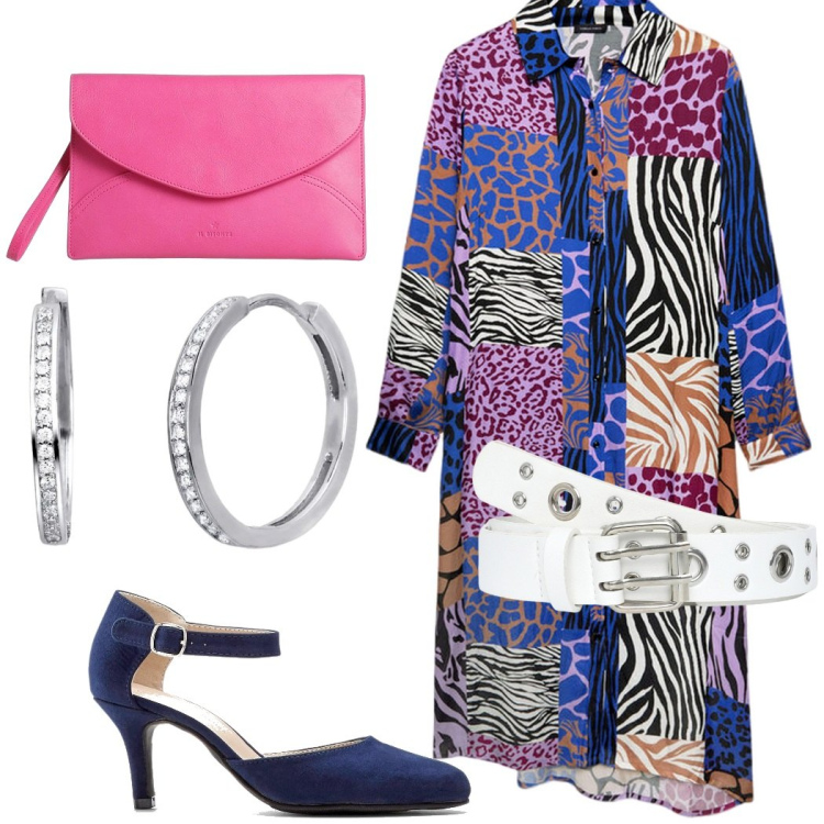Outfit donna - L\'abito fantasia. Stile Etnico per Serata fuori. Abbinamento con décolleté, borse a mano, cinture, orecchini, vestiti chemisier.