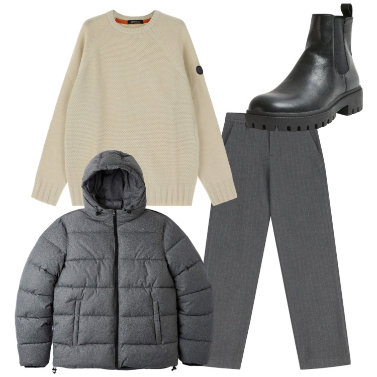 Outfit uomo - City. Stile Casual per Tutti i giorni. Abbinamento con stivali e stivaletti, piumini, pantaloni, maglieria.