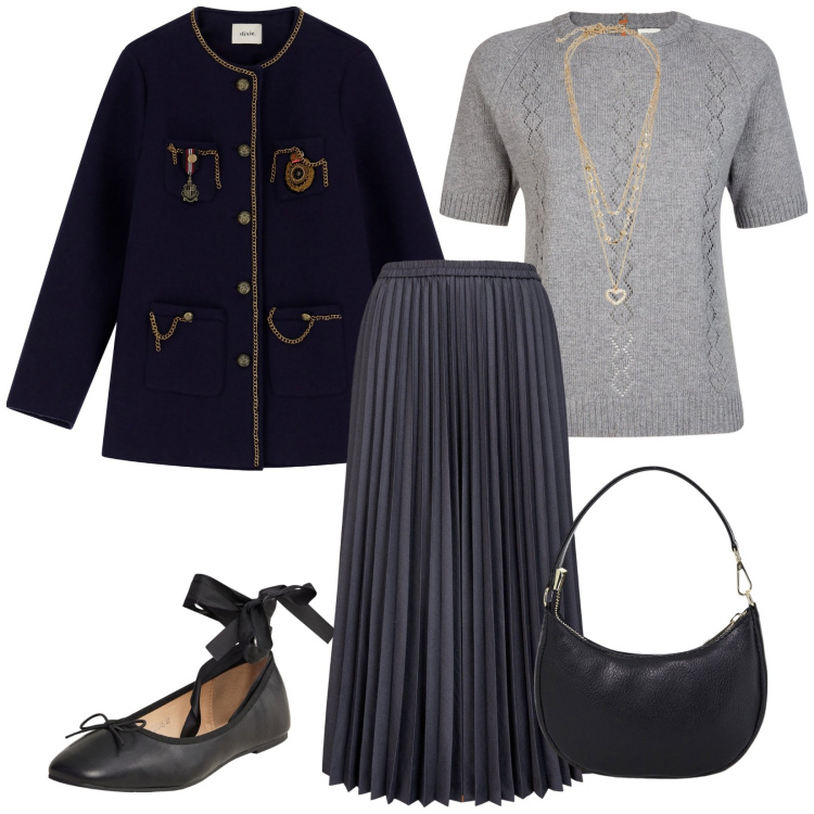 Outfit donna - Una mattinata tranquilla. per Tutti i giorni. Abbinamento con ballerine, collane, blazer, borse a spalla, maglieria, gonne longuette.
