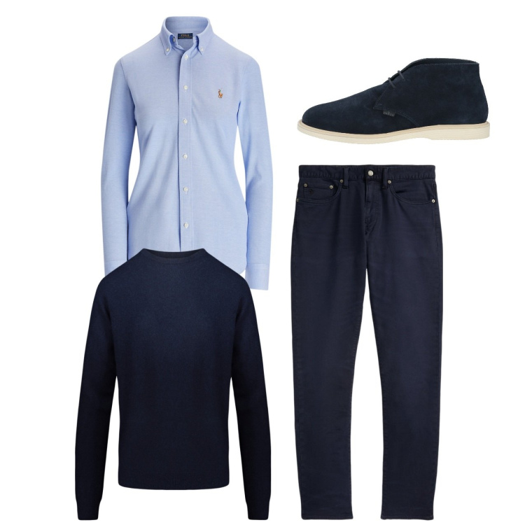 Outfit uomo - City. Stile Casual per Tutti i giorni. Abbinamento con stivali e stivaletti, pantaloni chino, camicie, maglieria.