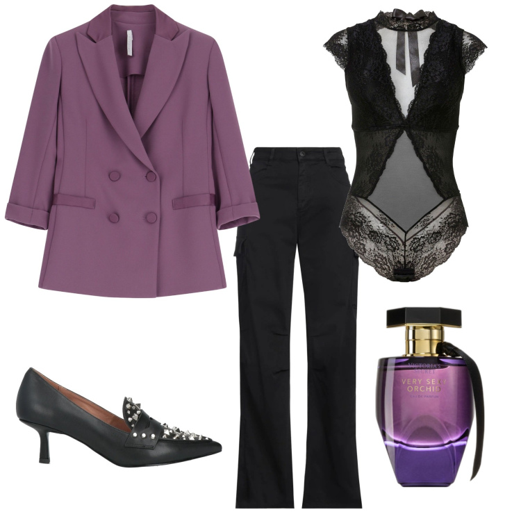 Outfit donna - Total look #2065134. Stile Chic per Serata fuori. Abbinamento con body, mocassini, pantaloni cargo, profumi, blazer.
