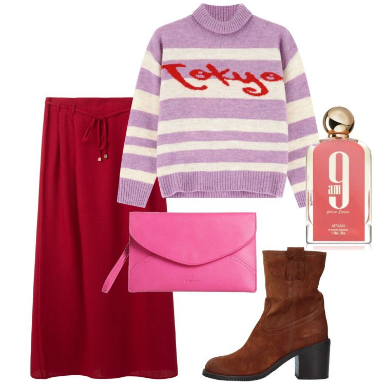 Outfit donna - Febbraio. Stile Casual per Tutti i giorni. Abbinamento con stivaletti, borse a mano, profumi, gonne lunghe, maglieria.