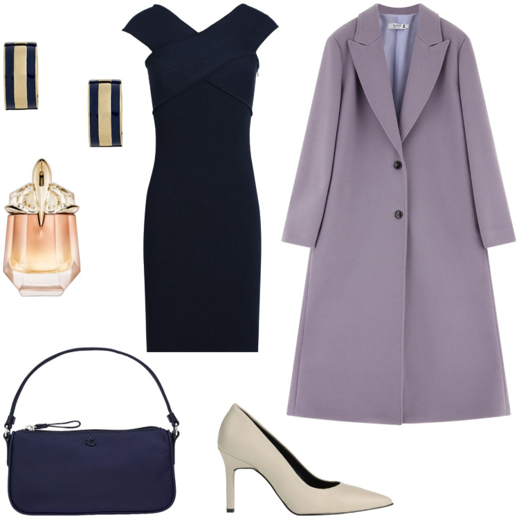 Outfit donna - Sera a teatro. Stile Chic per Serata fuori. Abbinamento con décolleté, vestiti corti, profumi, cappotti, pochette, orecchini.