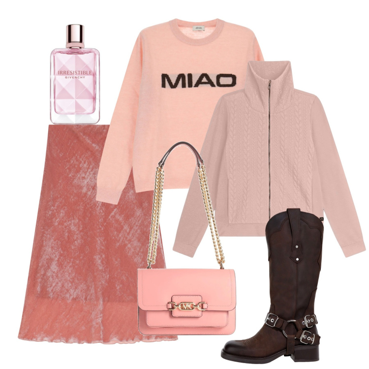 Outfit donna - Pesca. Stile Romantica per Tutti i giorni. Abbinamento con borse a spalla, profumi, felpe, gonne lunghe, maglieria, stivali.