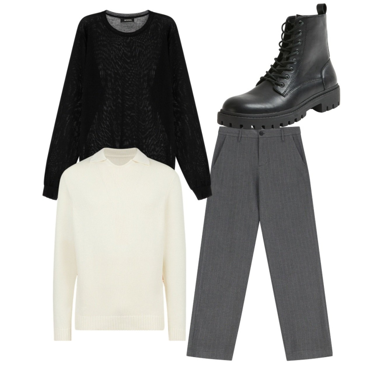 Outfit uomo - City. Stile Casual per Tutti i giorni. Abbinamento con anfibi, maglieria, pantaloni, maglieria.