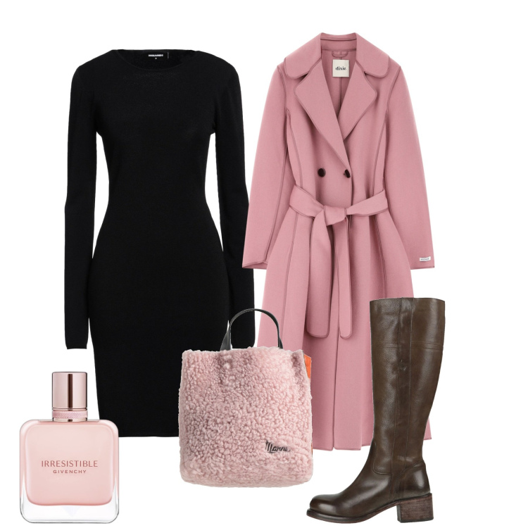 Outfit donna - Pink. Stile Chic per Tutti i giorni. Abbinamento con stivali, borse a mano, vestiti corti, profumi, cappotti.