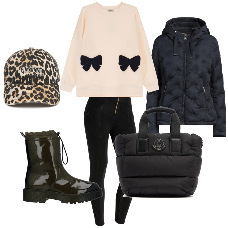 Outfit donna - Tocco di classe. Stile Casual chic per Tutti i giorni. Abbinamento con piumini, stivaletti, jeggings, felpe, shopping bag, cappelli.