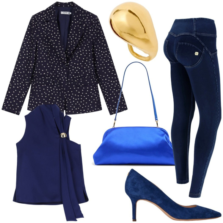 Outfit donna - Blu da sera. Stile Glamour per Serata fuori. Abbinamento con blazer, top, jeggings, décolleté, borse a spalla, anelli.