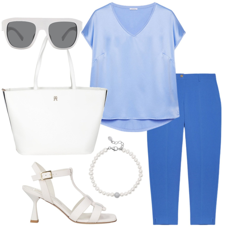 Outfit donna - Top asimmetrico. Abbinamento con borse a mano, occhiali da sole, sandali in pelle, braccialetti, t-shirt, pantaloni chino.
