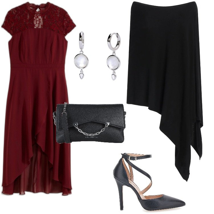 Outfit donna - Rosso Rubino. Stile Chic per Serata fuori. Abbinamento con vestiti asimmetrici, borse a tracolla, cappotti, orecchini, décolleté.