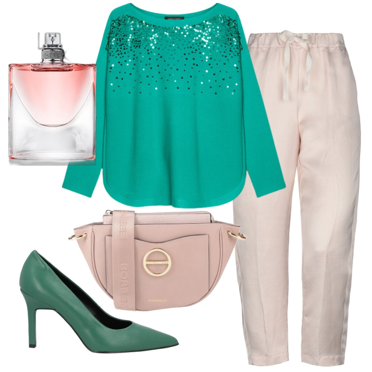 Outfit donna - La vie est belle. Abbinamento con pantaloni, borse a tracolla, décolleté, profumi, felpe.