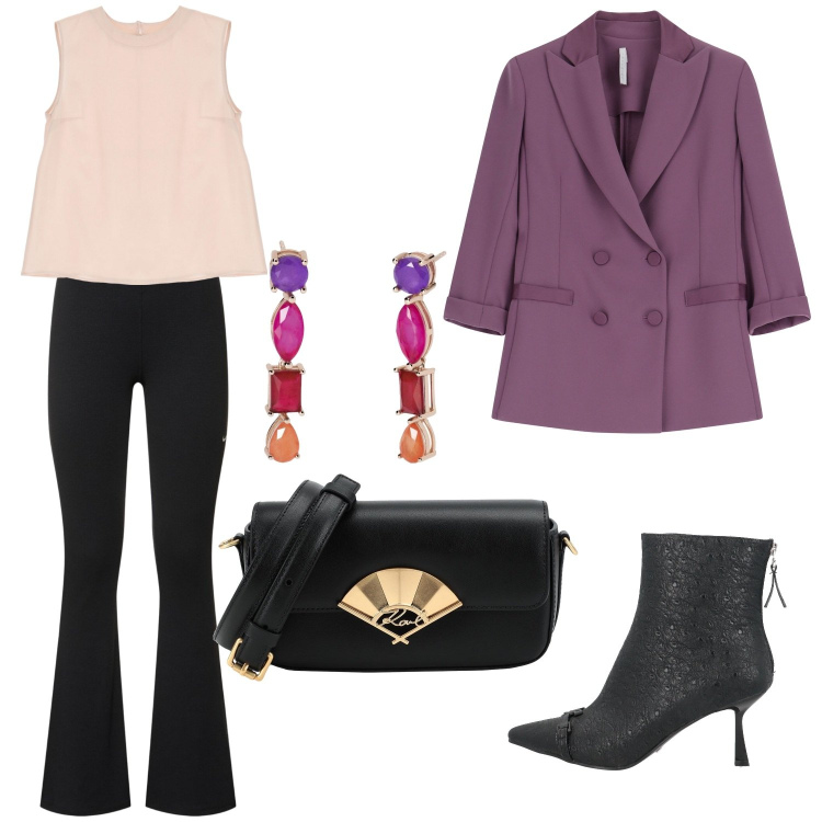 Outfit donna - Total look #2065167. per Serata fuori. Abbinamento con stivaletti, borse a tracolla, orecchini, blazer, top, pantaloni.