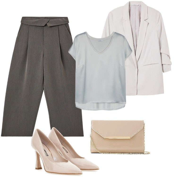 Outfit donna - Grigio e Nude. Stile Casual chic per Ufficio. Abbinamento con pochette, blazer, pantaloni, décolleté, t-shirt.
