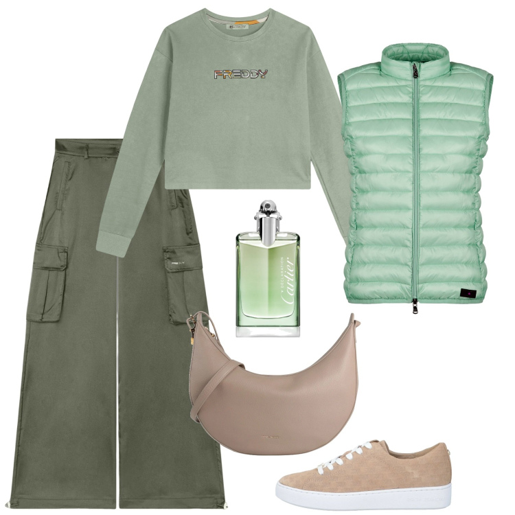 Outfit donna - Tonalità pastello - Focus Donna Curvy It. Stile Basic per Tutti i giorni. Abbinamento con sneakers, borse a tracolla, profumi, felpe, pantaloni cargo, piumini.