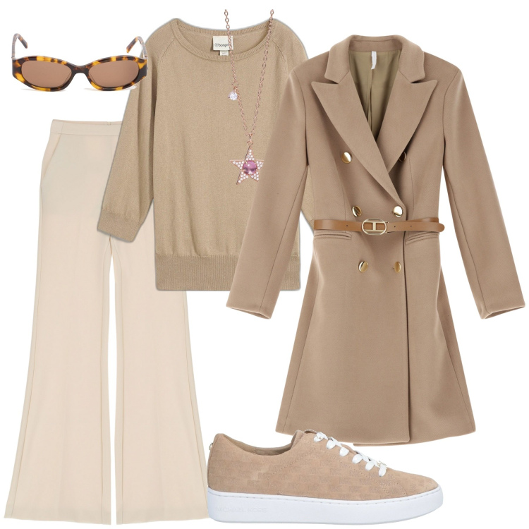 Outfit donna - I colori della terra. Stile Casual per Tutti i giorni. Abbinamento con maglieria, sneakers, collane, cappotti, pantaloni, occhiali da sole.