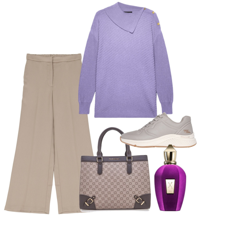 Outfit donna - Tonalità pastello - Focus Donna Curvy It. Stile Bon Ton per Tutti i giorni. Abbinamento con profumi, pantaloni, sneakers, borse a tracolla, maglieria.
