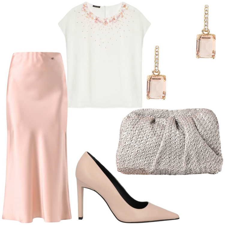 Outfit donna - L\'eleganza dei colori pastello. Stile Chic per Cerimonia. Abbinamento con décolleté, gonne, clutch, orecchini, bluse.