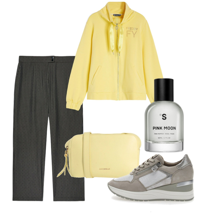 Outfit donna - Tonalità pastello - Focus Donna Curvy It. Stile Basic per Tutti i giorni. Abbinamento con borse a tracolla, profumi, felpe, scarpe stringate, pantaloni.