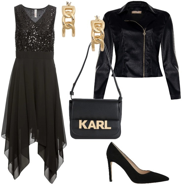 Outfit donna - Total black asimmetrico. Stile Chic per Serata fuori. Abbinamento con vestiti midi/longuette, borse a mano, décolleté, giacche, orecchini.
