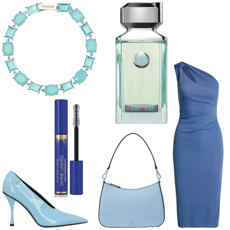 Outfit donna - Blu elegante. Stile Chic per Cerimonia. Abbinamento con décolleté, profumi, mascara, braccialetti, vestiti asimmetrici, borse a spalla.