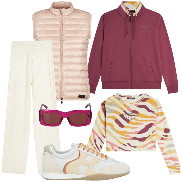 Outfit donna - Sporty chic. Stile Sporty chic per Sport. Abbinamento con sneakers, felpe, felpe, pantaloni, piumini, occhiali da sole.