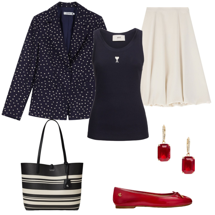 Outfit donna - Giacca a pois. Stile Chic per Tutti i giorni. Abbinamento con blazer, gonne longuette, ballerine, orecchini, borse tote, canottiere.