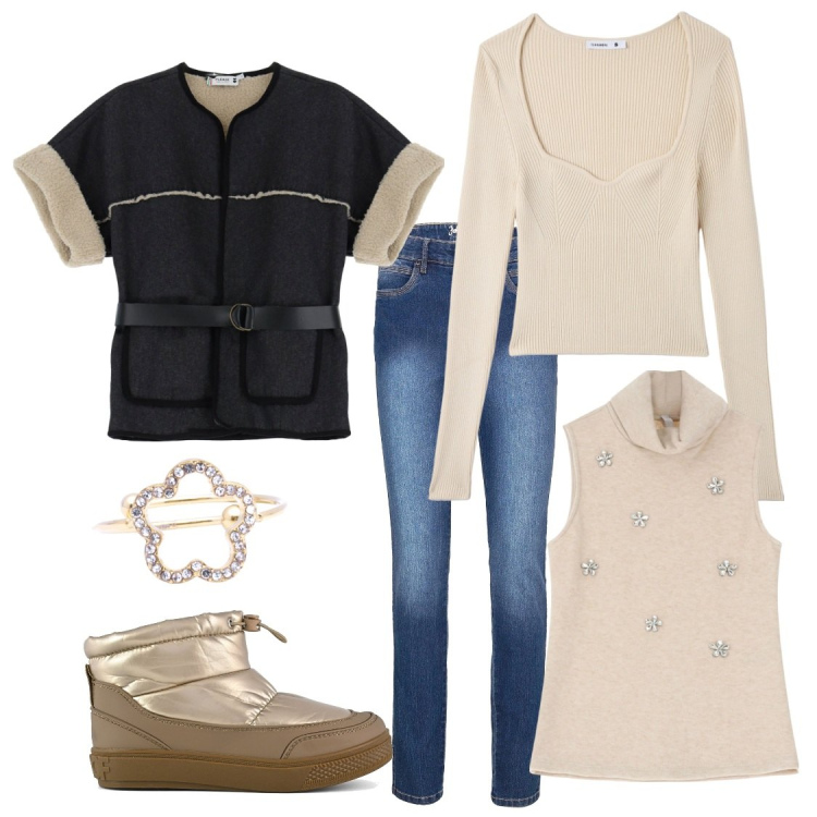 Outfit donna - Sportiva & punti luce. Stile Sporty chic per Tutti i giorni. Abbinamento con jeans skinny, maglieria, blazer, maglieria, anelli, stivaletti.